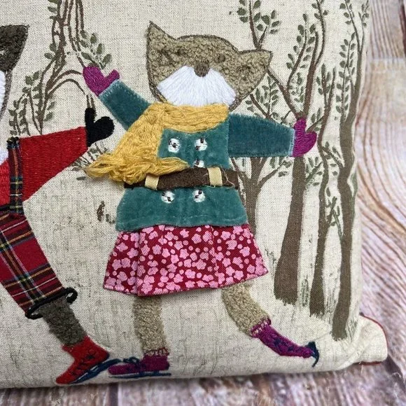 Throw Pillow Foxes Embroidered Trees Ice Skating Winter Holiday Forest Whimsy - Picture 4 of 6